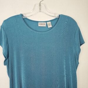 Chico's Travelers Teal Blue Relaxed Tee Shirt Micro Sleeves Sz XL/16 Easy Care